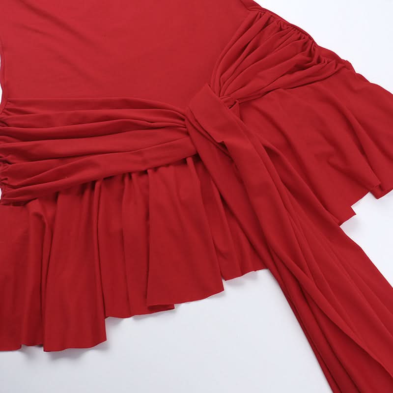 U neck solid knotted ruffle ruched cami mini dress