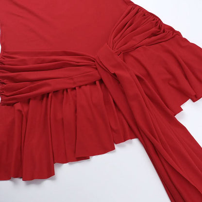 U neck solid knotted ruffle ruched cami mini dress