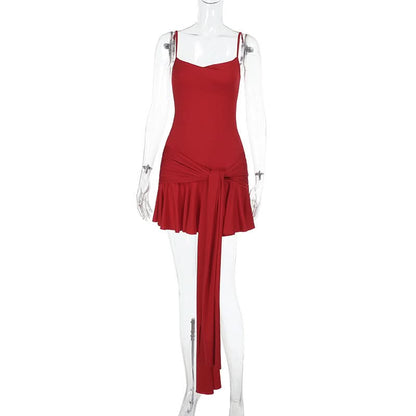 U neck solid knotted ruffle ruched cami mini dress