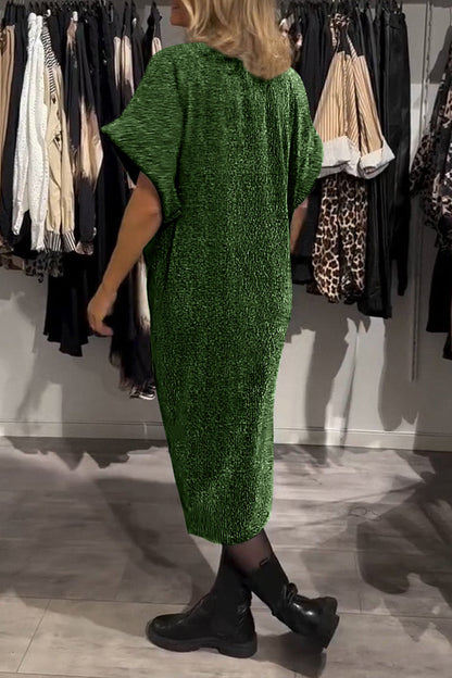 Casual Ruched Sequined V Neck A Line Short Sleeve Dress(4 Colors)