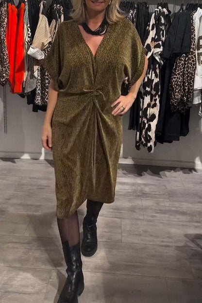 Casual Ruched Sequined V Neck A Line Short Sleeve Dress(4 Colors)