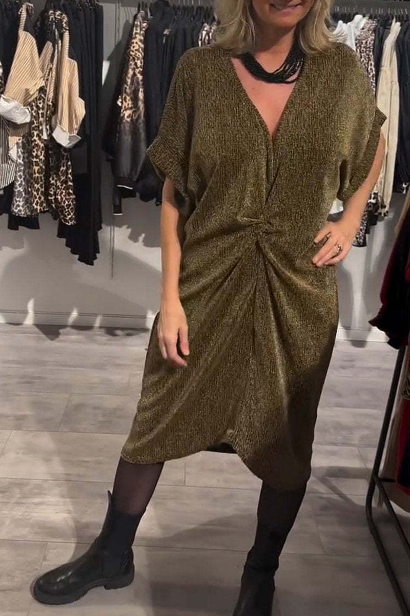 Casual Ruched Sequined V Neck A Line Short Sleeve Dress(4 Colors)