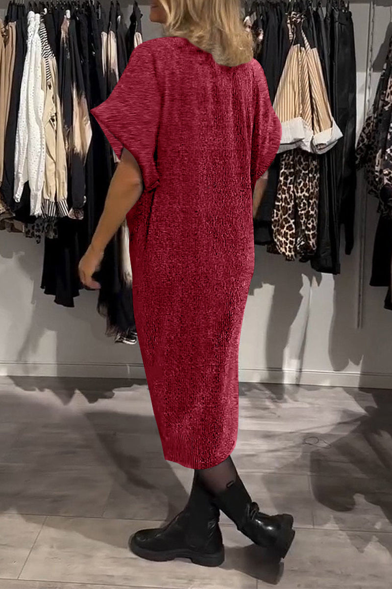 Casual Ruched Sequined V Neck A Line Short Sleeve Dress(4 Colors)