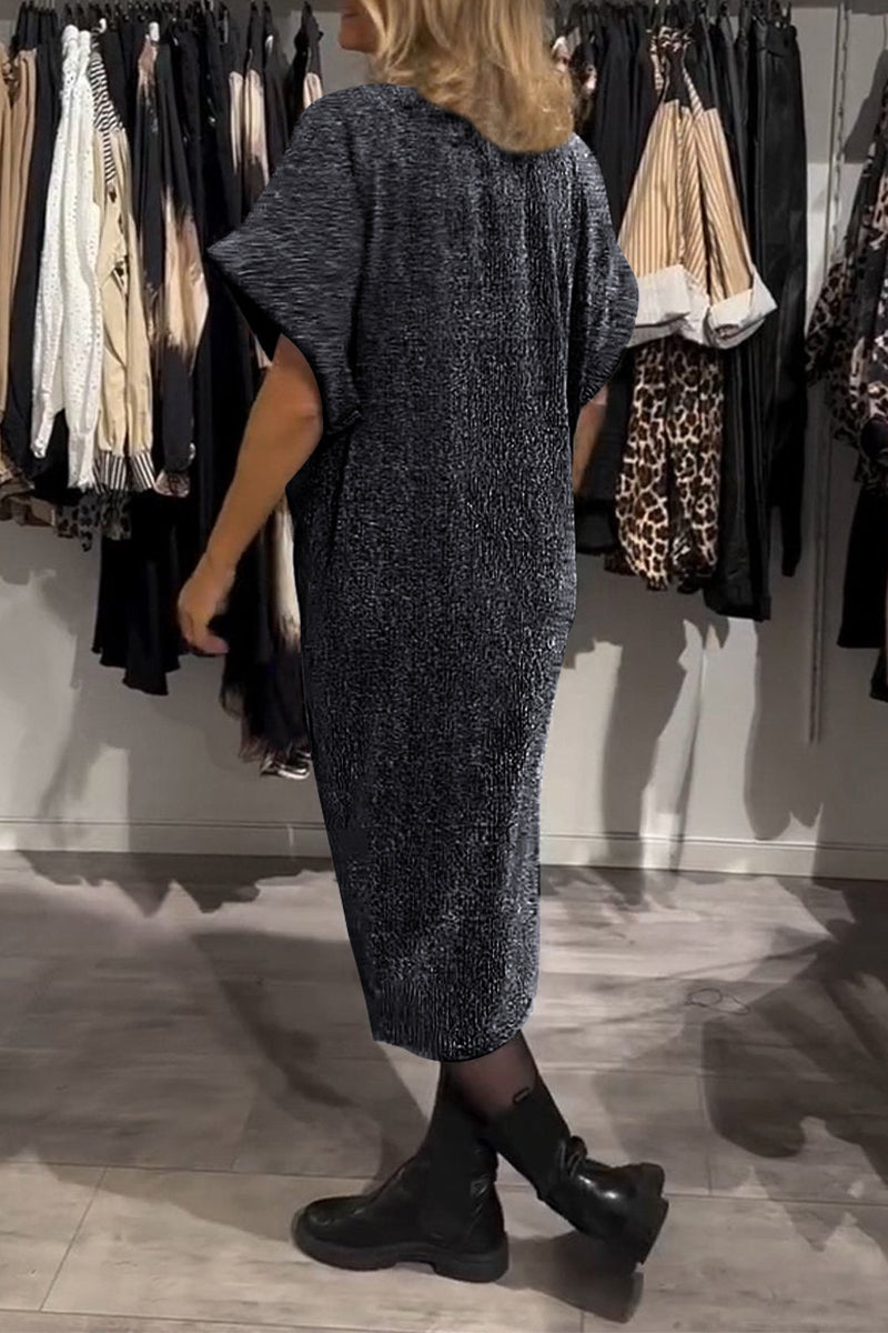 Casual Ruched Sequined V Neck A Line Short Sleeve Dress(4 Colors)