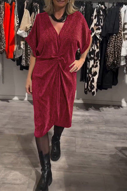 Casual Ruched Sequined V Neck A Line Short Sleeve Dress(4 Colors)