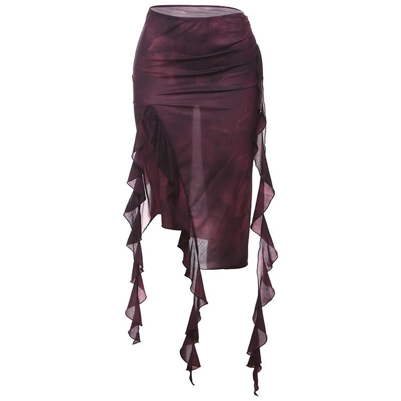 Tie dye ruffle slit midi skirt