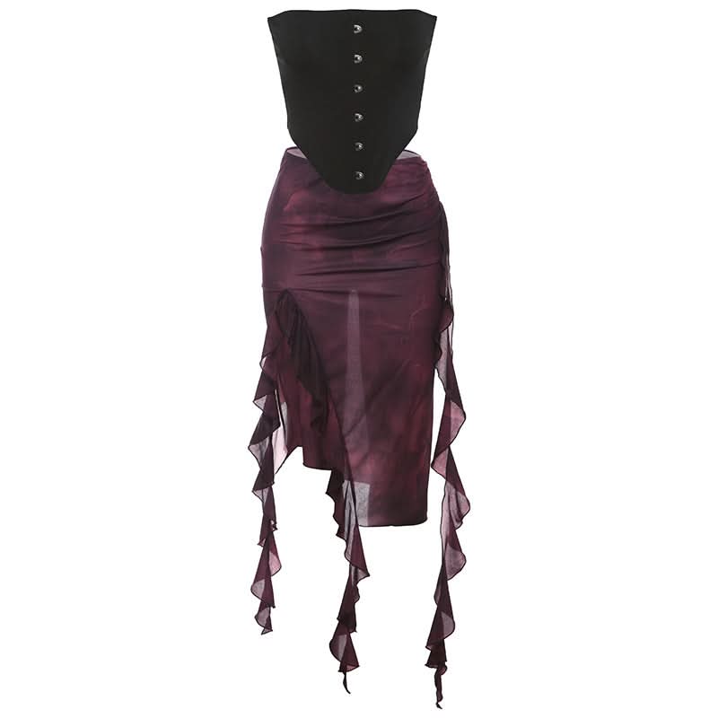 Tie dye ruffle slit midi skirt