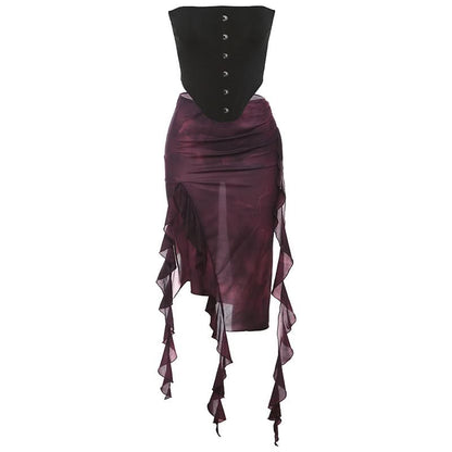 Tie dye ruffle slit midi skirt