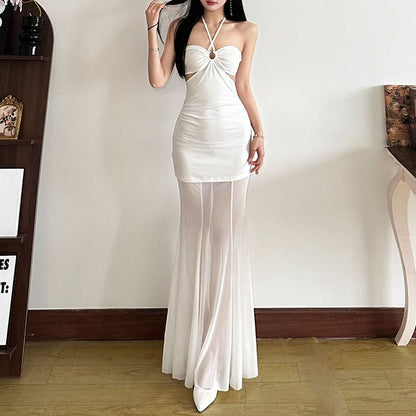 Halter self tie hollow out mesh cut out maxi dress