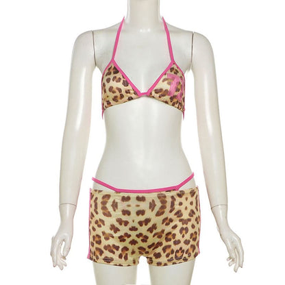 Halter leopard print 3 piece mini short pant set