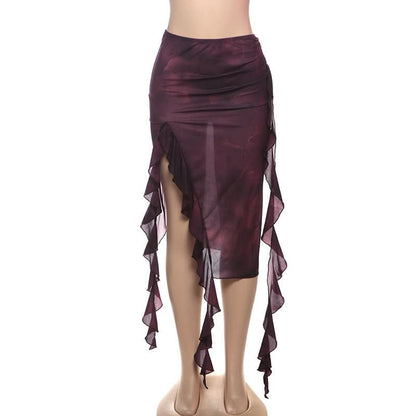 Tie dye ruffle slit midi skirt