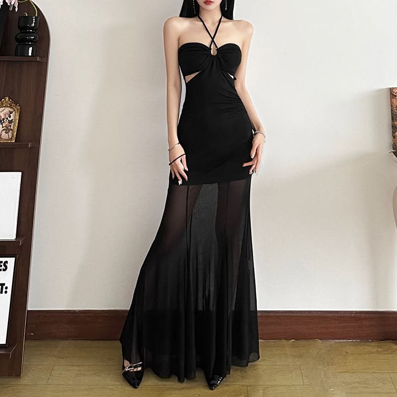 Halter self tie hollow out mesh cut out maxi dress