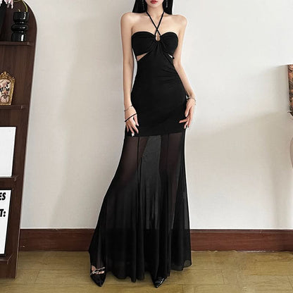 Halter self tie hollow out mesh cut out maxi dress