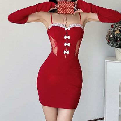 Lace gloves bowknot cami mini dress