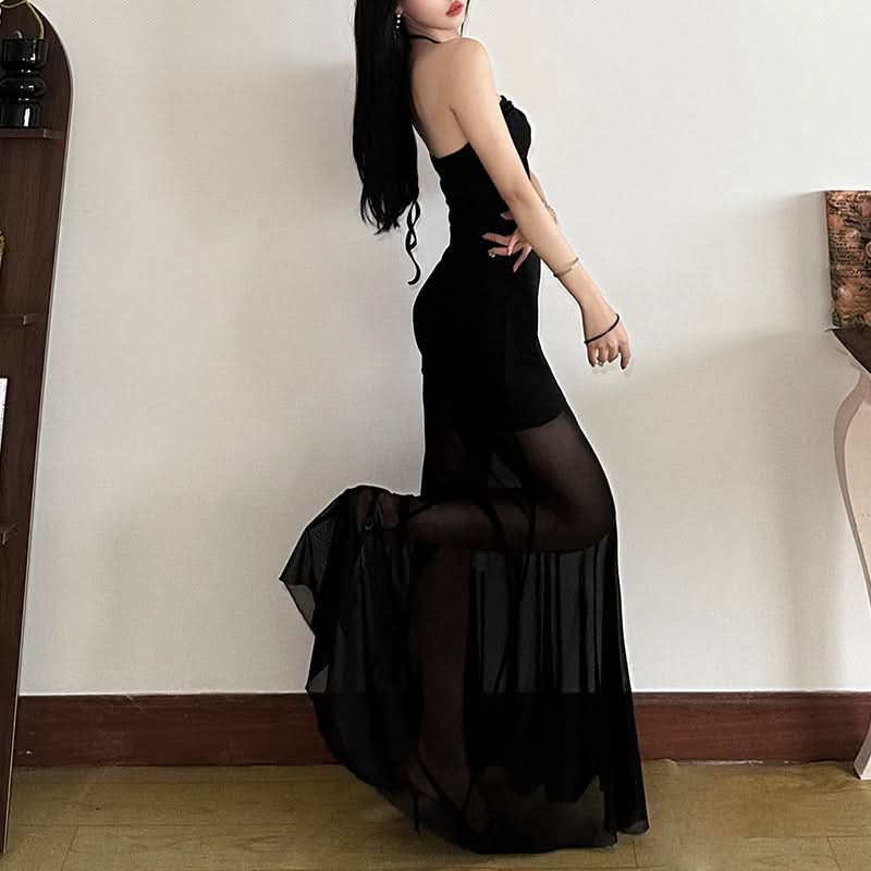 Halter self tie hollow out mesh cut out maxi dress
