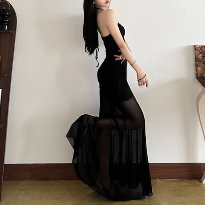 Halter self tie hollow out mesh cut out maxi dress