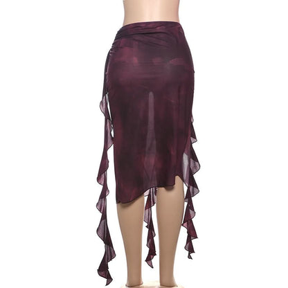Tie dye ruffle slit midi skirt