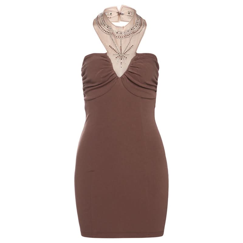 Halter beaded backless ruched mini dress