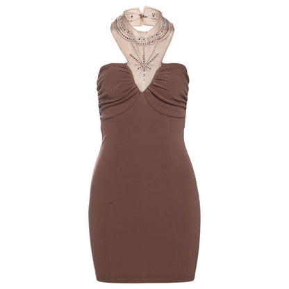 Halter beaded backless ruched mini dress