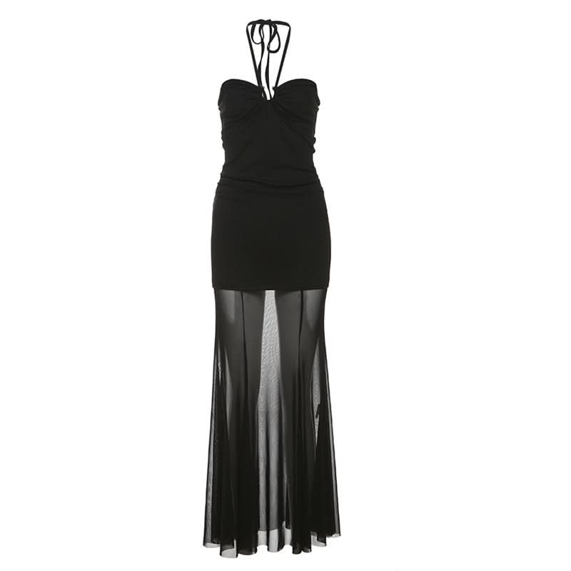 Halter self tie hollow out mesh cut out maxi dress