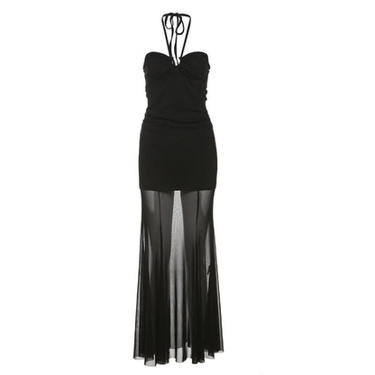 Halter self tie hollow out mesh cut out maxi dress