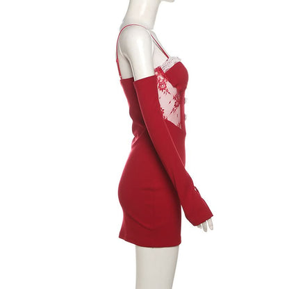 Lace gloves bowknot cami mini dress