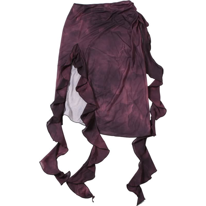 Tie dye ruffle slit midi skirt