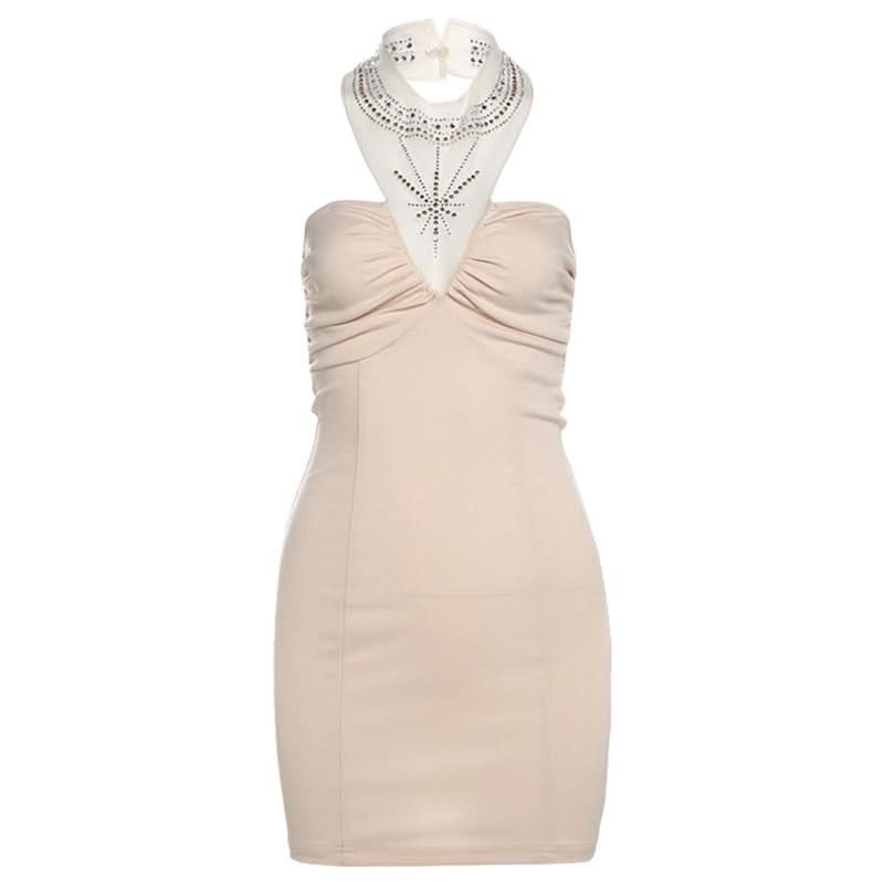 Halter beaded backless ruched mini dress