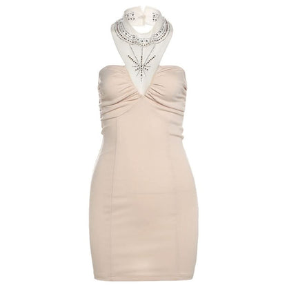 Halter beaded backless ruched mini dress