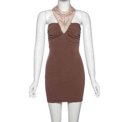 Halter beaded backless ruched mini dress