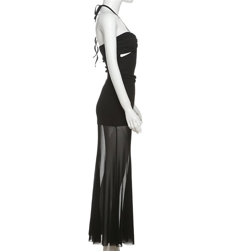 Halter self tie hollow out mesh cut out maxi dress