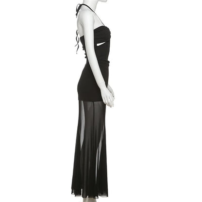 Halter self tie hollow out mesh cut out maxi dress