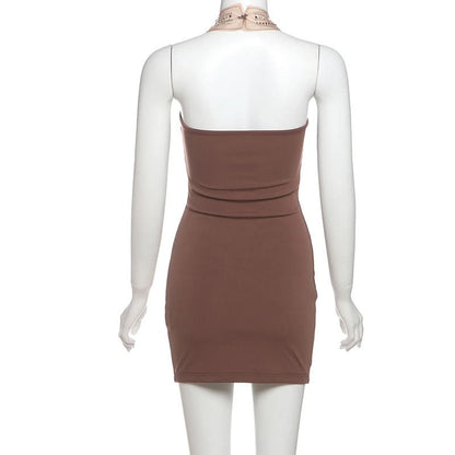 Halter beaded backless ruched mini dress