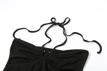 Halter self tie hollow out mesh cut out maxi dress