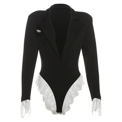 Turnover collar long sleeve lace hem bodysuit