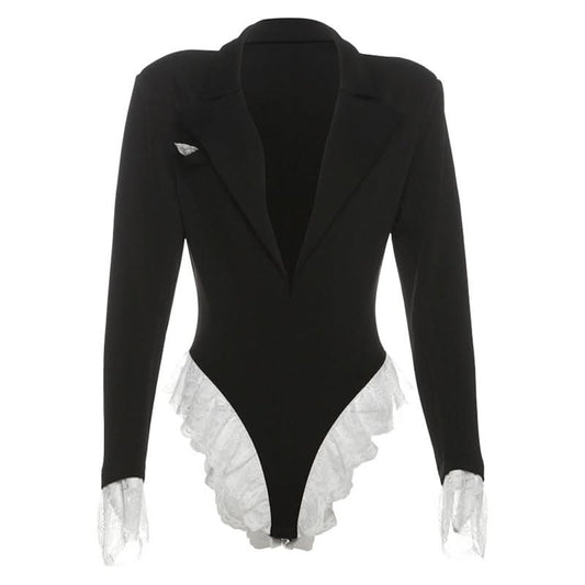 Turnover collar long sleeve lace hem bodysuit