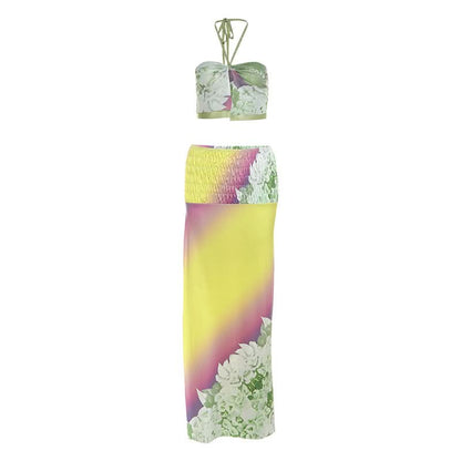 Halter flower print smocked mesh maxi skirt set