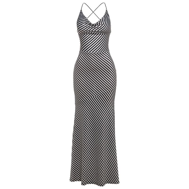 Striped print self tie cami maxi dress