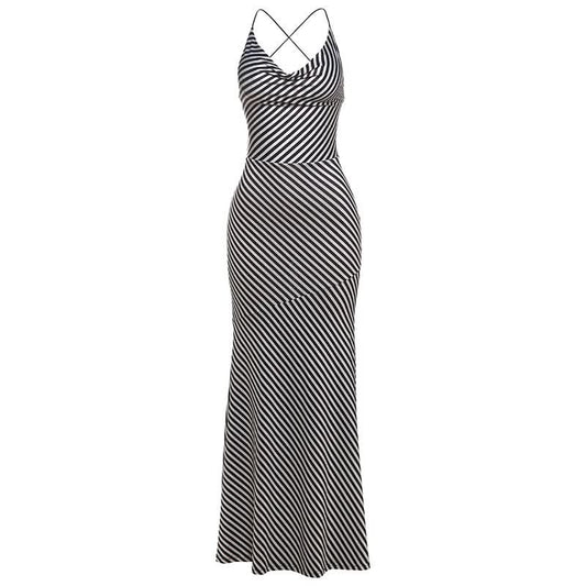 Striped print self tie cami maxi dress