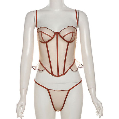 Sweetheart neck ruffle mesh cami short pant set