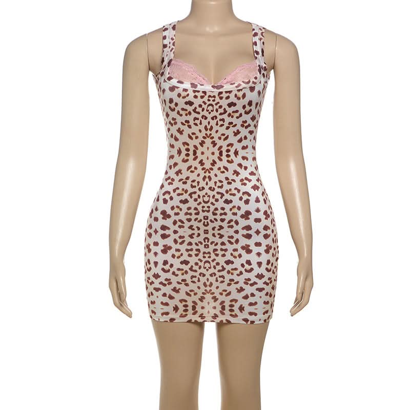 Leopard print lace hem mini dress
