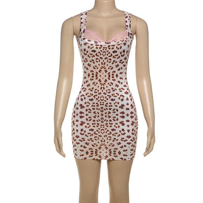Leopard print lace hem mini dress