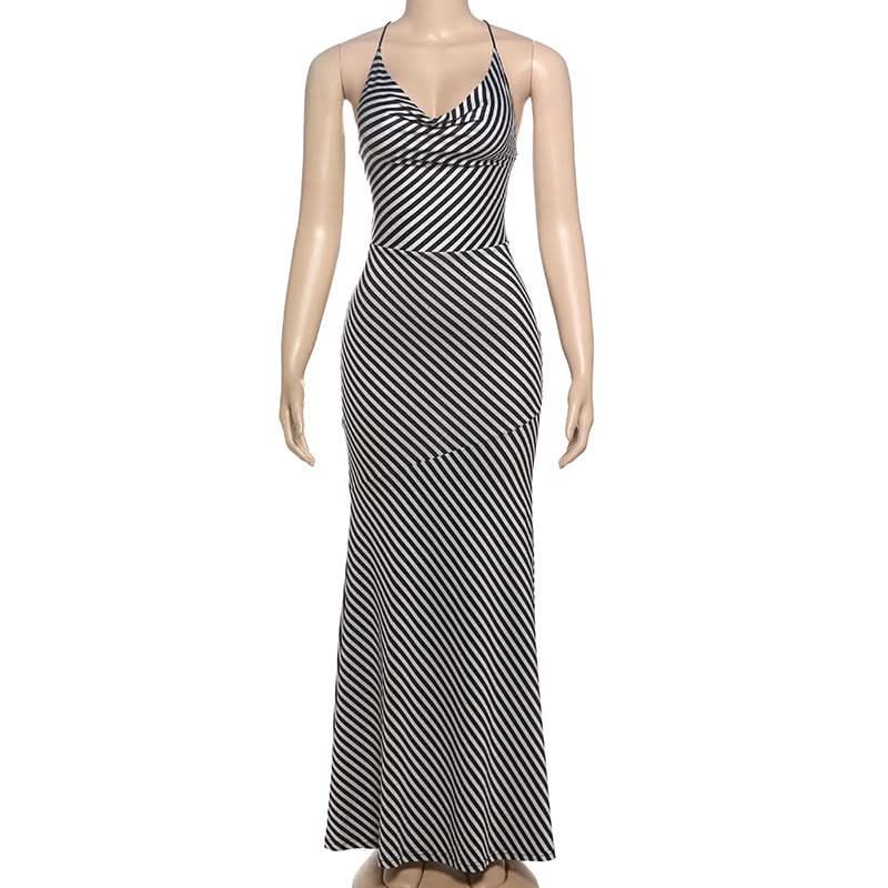 Striped print self tie cami maxi dress