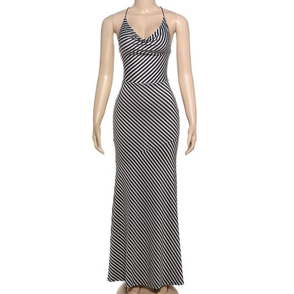 Striped print self tie cami maxi dress