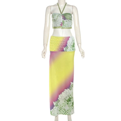 Halter flower print smocked mesh maxi skirt set