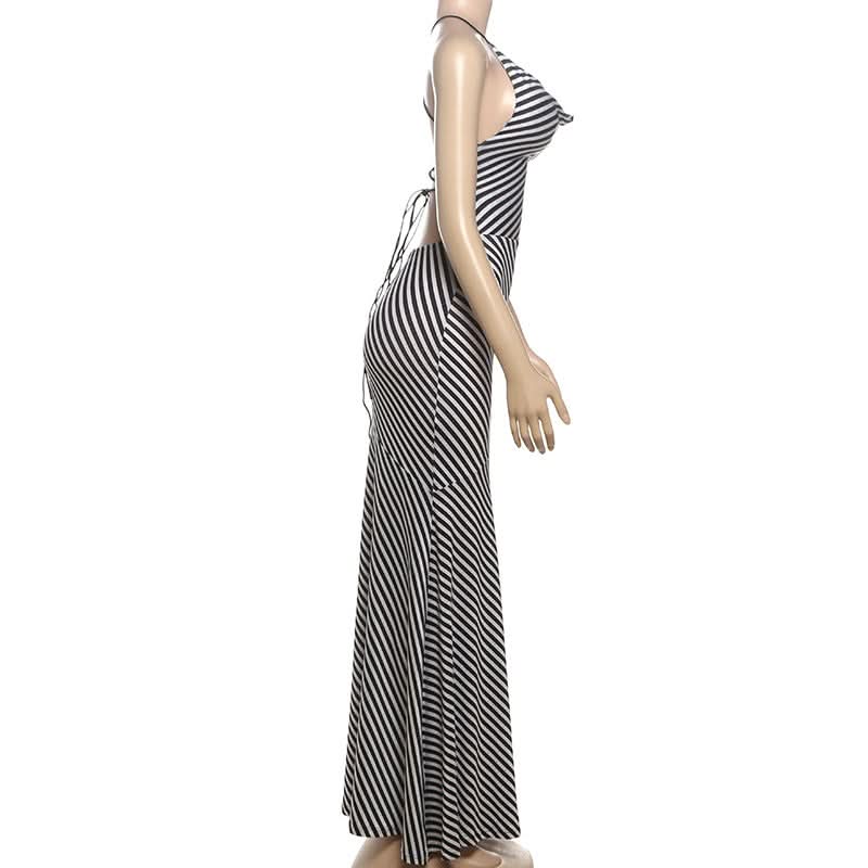 Striped print self tie cami maxi dress