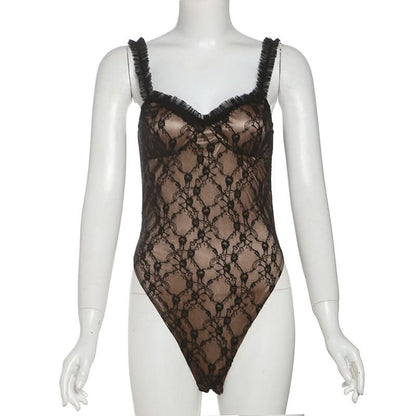 Lace sweetheart neck ruffle cami bodysuit