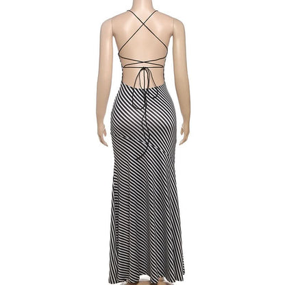 Striped print self tie cami maxi dress