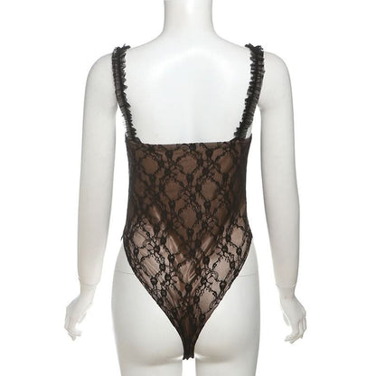 Lace sweetheart neck ruffle cami bodysuit