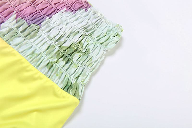 Halter flower print smocked mesh maxi skirt set